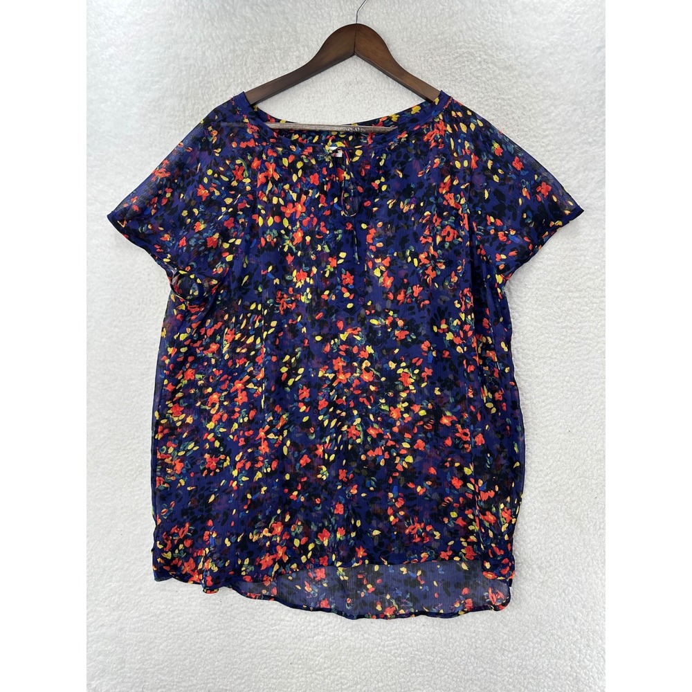 Liz Claiborne Woman 1X Blue Floral Print Short Sleeve Tie Neck Top‎